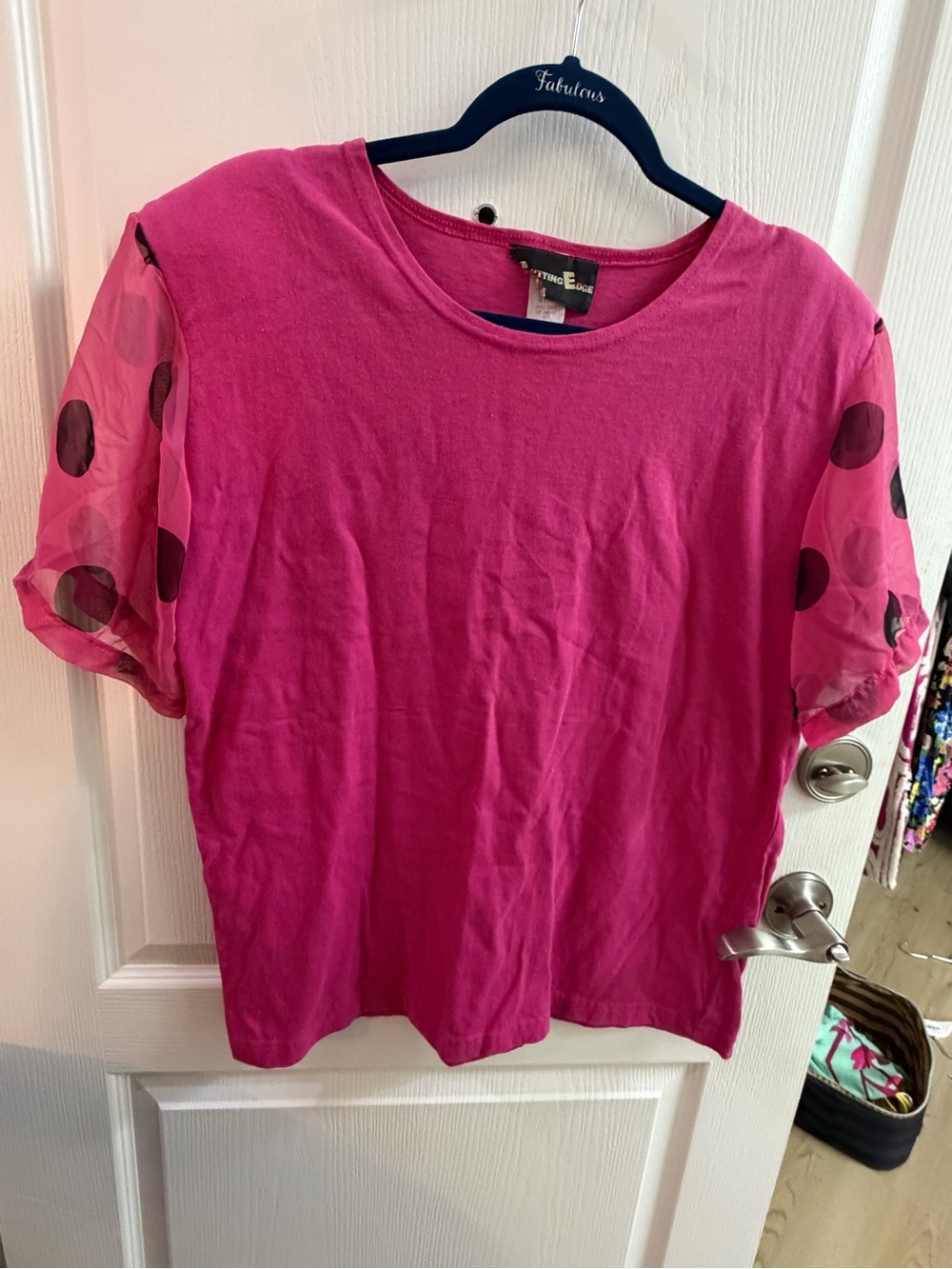Cutting Edge Pink Polka Dot Puff Sleeve Top Sz M
